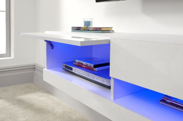 150cm Galicia LED Cool Light up High Gloss Wall Mounted TV Unit Storage White - Image 3