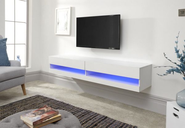 150cm Galicia LED Cool Light up High Gloss Wall Mounted TV Unit Storage White - Image 4