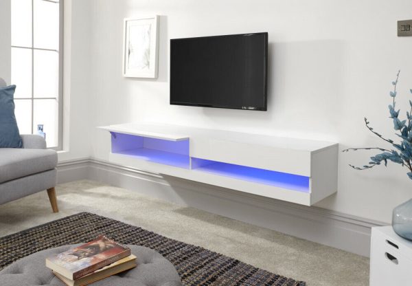 150cm Galicia LED Cool Light up High Gloss Wall Mounted TV Unit Storage White - Image 5