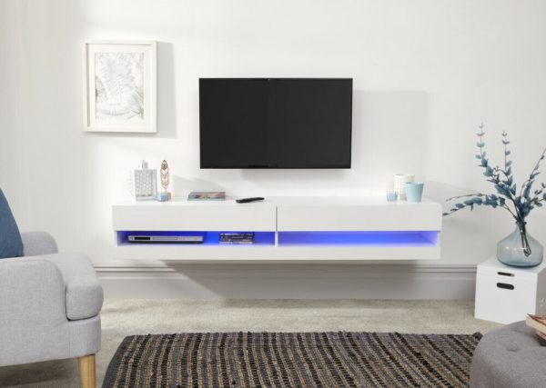 150cm Galicia LED Cool Light up High Gloss Wall Mounted TV Unit Storage White - Image 6