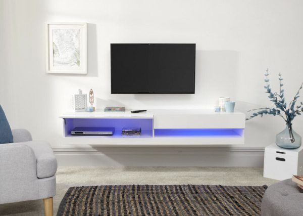 150cm Galicia LED Cool Light up High Gloss Wall Mounted TV Unit Storage White - Image 7