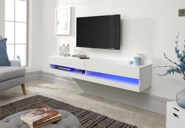 150cm Galicia LED Cool Light up High Gloss Wall Mounted TV Unit Storage White