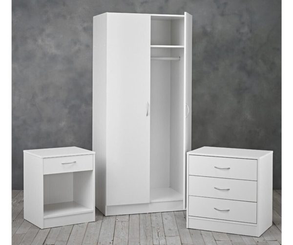 3 Piece Set 2 Door Wardrobe bed side and 3 drawer chest of drawers Matt White - Image 3