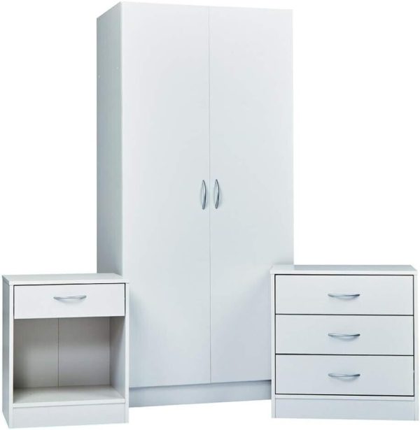 3 Piece Set 2 Door Wardrobe bed side and 3 drawer chest of drawers Matt White - Image 4