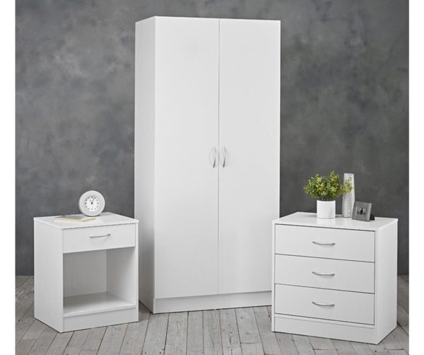 3 Piece Set 2 Door Wardrobe bed side and 3 drawer chest of drawers Matt White