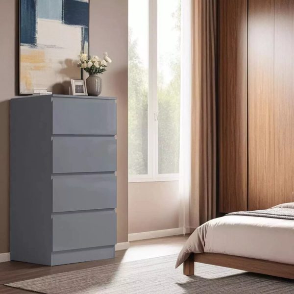 4 Drawer Chest Of Drawers Grey High Gloss Bedside Tall Slim Scratch Resistant - Image 4