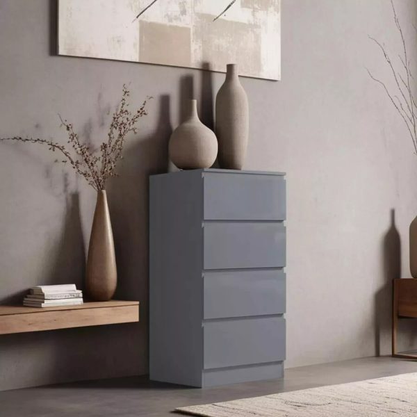 4 Drawer Chest Of Drawers Grey High Gloss Bedside Tall Slim Scratch Resistant - Image 5