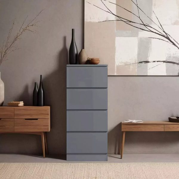 4 Drawer Chest Of Drawers Grey High Gloss Bedside Tall Slim Scratch Resistant