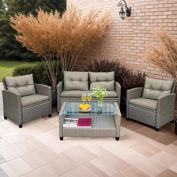 4 Piece Rattan Natural Garden Furniture Set Indoor Outdoor Conservatory