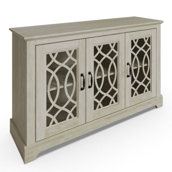 AMELIE 3 DOOR SIDEBOARD DUSTY GREY OAK with shelf and fretwork doors - Image 3