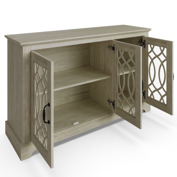 AMELIE 3 DOOR SIDEBOARD DUSTY GREY OAK with shelf and fretwork doors - Image 6