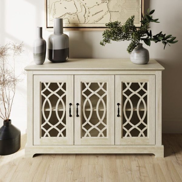 AMELIE 3 DOOR SIDEBOARD DUSTY GREY OAK with shelf and fretwork doors