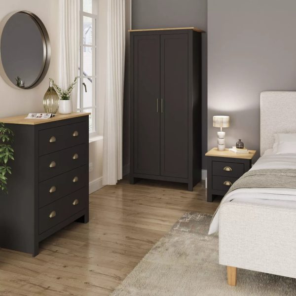 Bedroom Set 3pc Black Bedside Cabinet Chest of Drawers Wardrobe Modern Lancaster