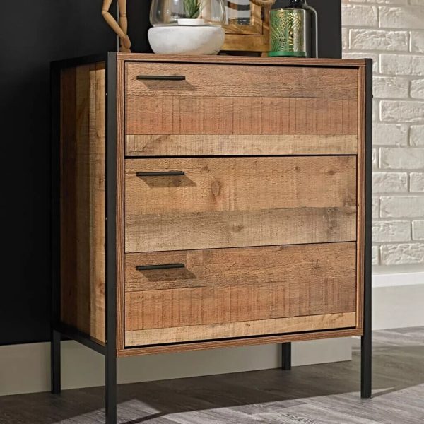 HOXTON 3 DRAWER CHEST industrial style Distressed Oak Effect