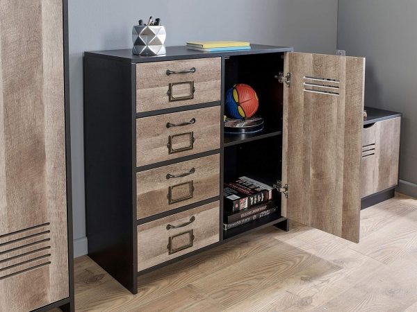 Industrial Black Brown Wood Effect Bedroom 4 Drawer Chest Retro Locker Style - Image 3