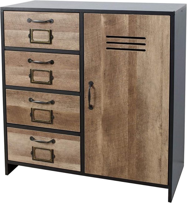 Industrial Black Brown Wood Effect Bedroom 4 Drawer Chest Retro Locker Style