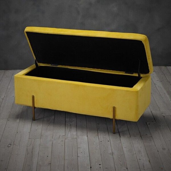 LOLA Large Storage Ottoman Bench Window Seat Mustard Yellow Velvet Fabric Gold