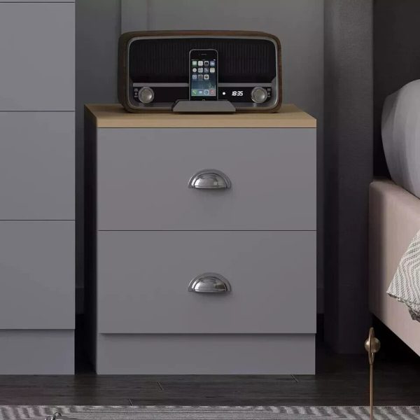 Matt Grey Oak Bedside Cabinet 2 Drawer Metal Cup Handles Bedroom lamp table