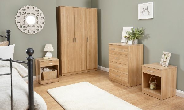 Panama 4 Piece 3 Door Wardrobe Set 2x bed side 3+2 drawer chest of drawers Oak