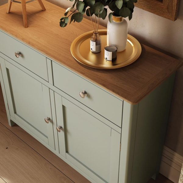 Sideboard Oak Veneered Top 2 Large Doors 2 Drawers Sage Green Finish ASSEMBLED - Image 3