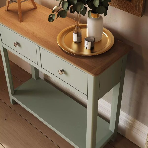 Solid Oak 2 Drawer Console Table Sage Green Oak Top Painted Finish - Image 3