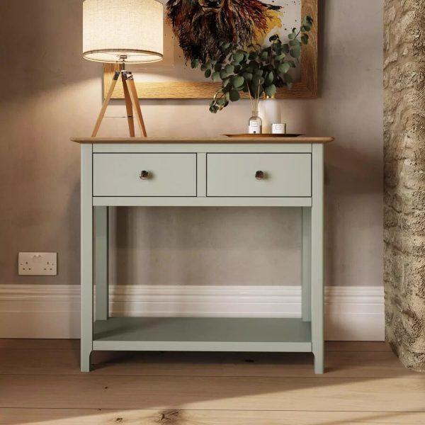 Solid Oak 2 Drawer Console Table Sage Green Oak Top Painted Finish - Image 4