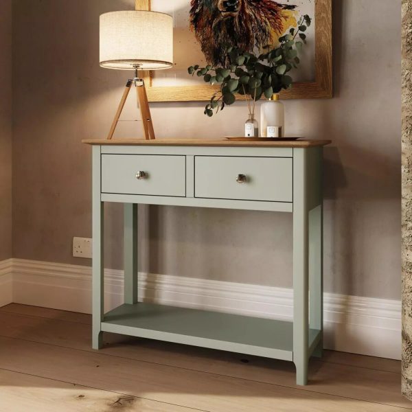 Solid Oak 2 Drawer Console Table Sage Green Oak Top Painted Finish