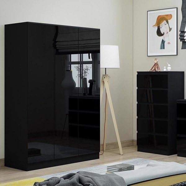 Stora 120cm Modern Bedroom 3 Door Wardrobe with Storage Shelves Black Gloss - Image 3