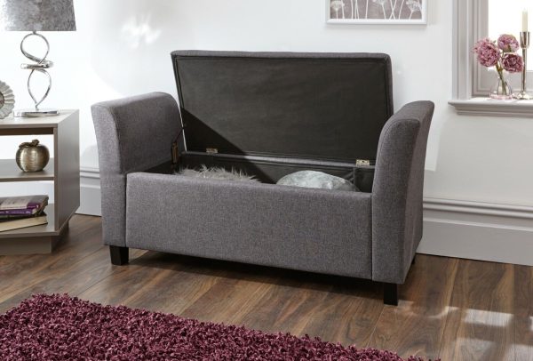 Verona Window Seat Stylish Textured Charcoal Grey Hopsack Fabric Storage Ottoman - Image 3