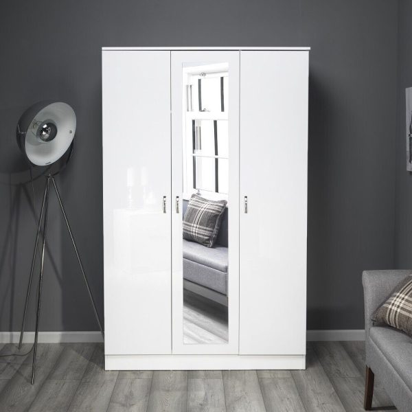 White Gloss Chilton Modern Bedroom 3 Door Mirror Wardrobe with Storage Shelves - Image 3