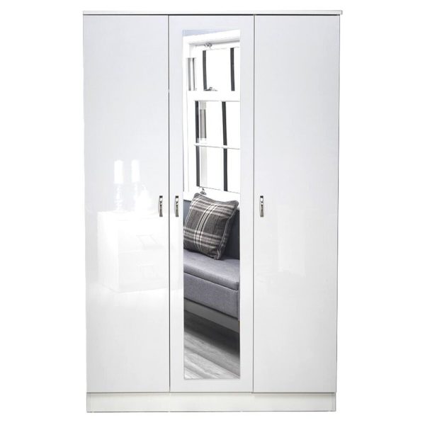 White Gloss Chilton Modern Bedroom 3 Door Mirror Wardrobe with Storage Shelves