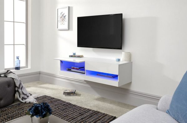 120cm Galicia LED Cool Light up High Gloss Wall Mounted TV Unit Storage White sd - Image 3