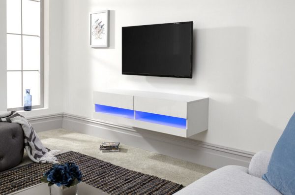 120cm Galicia LED Cool Light up High Gloss Wall Mounted TV Unit Storage White sd - Image 4