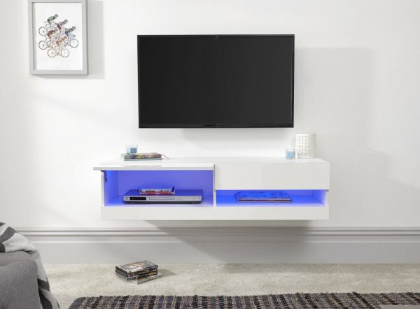 120cm Galicia LED Cool Light up High Gloss Wall Mounted TV Unit Storage White sd - Image 7