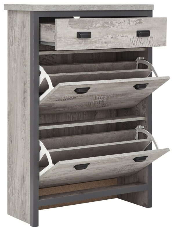 BOSTON PULL DOWN 2 TIER SHOE CABINET RACK WITH DRAWER STORAGE CUPBOARD GREY