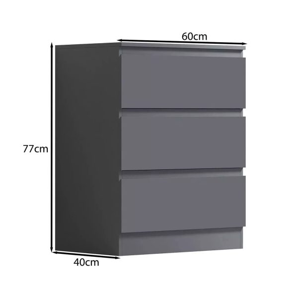 Dark Matt Grey 3 Drawer Chest Of Drawers Bedside Table Scratch Resistant - Image 5