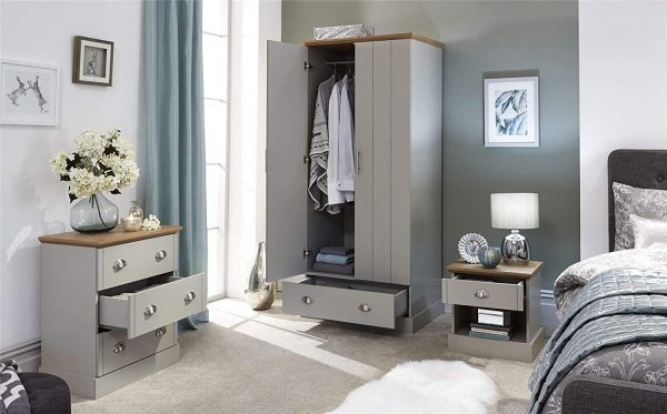 Kendal 3 Piece Set Wardrobe Drawers and Bed Side chest bedroom Grey & Oak - Image 3