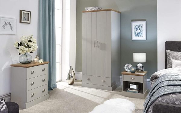 Kendal 3 Piece Set Wardrobe Drawers and Bed Side chest bedroom Grey & Oak