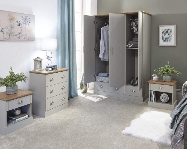 Kendal 4 Piece Set Wardrobe Drawers and Bed Side chest bedroom Grey & Oak - Image 3