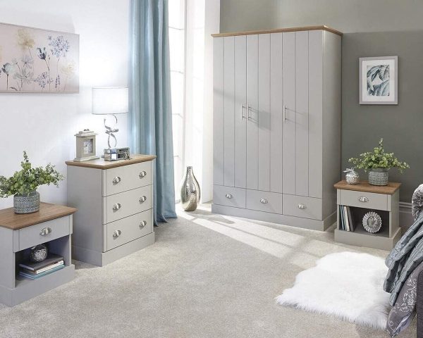 Kendal 4 Piece Set Wardrobe Drawers and Bed Side chest bedroom Grey & Oak