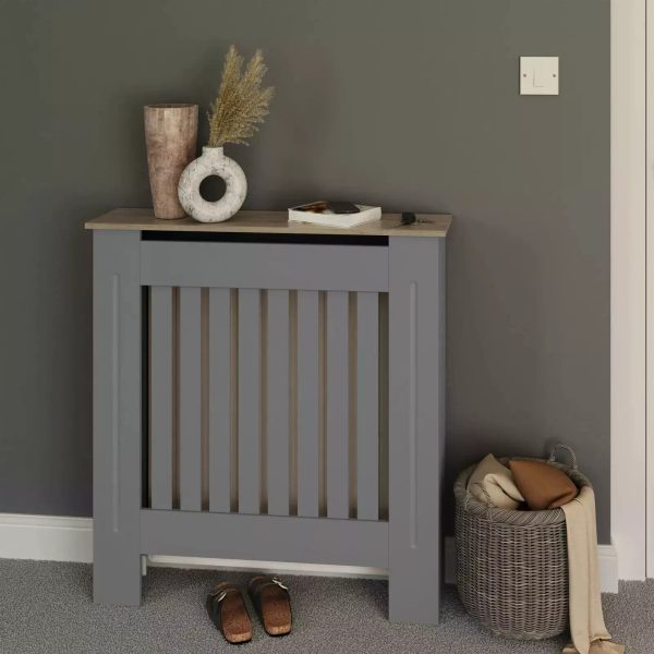 Longslow Small Grey Radiator MDF Cover Slatted Wood Design Top Shelf Storage - Image 7