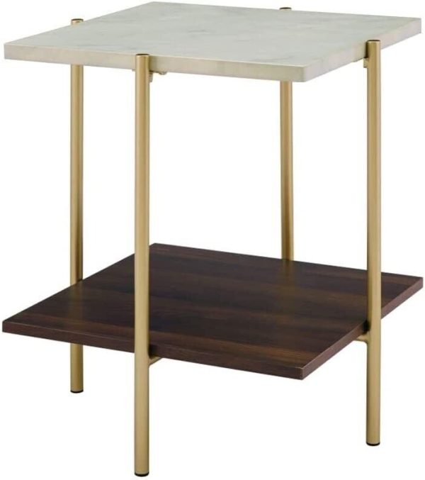 Mid Century Modern Glam Square Side End Table Open Storage marble effect