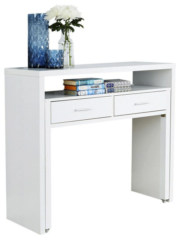 Regis Extending 2 Drawer Slide Out Console Table Desk Dresser White - Image 12