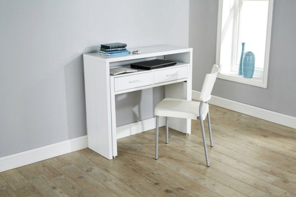 Regis Extending 2 Drawer Slide Out Console Table Desk Dresser White - Image 5