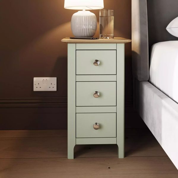 Sage Green Solid Oak 3 Drawer Slim Bedside Lamp Table Painted Finish ASSEMBLED