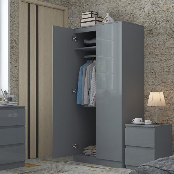 Stora 80cm Modern Bedroom 2 Door Wardrobe with Storage Shelves Grey Gloss