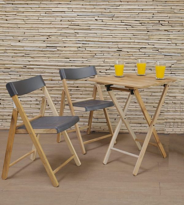 Tramontina Folding Teak 3 Piece Bistro Set Garden Table and Chairs Grey