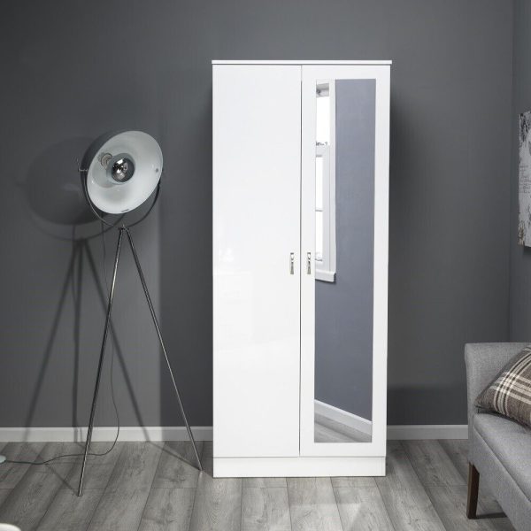 White Gloss Chilton Modern Bedroom 2 Door Mirror Wardrobe with Storage Shelf - Image 3