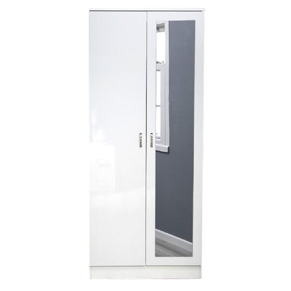 White Gloss Chilton Modern Bedroom 2 Door Mirror Wardrobe with Storage Shelf