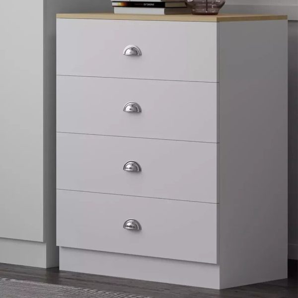 Esher 4 Drawer Chest Of Drawers Matt White Finish With Light Oak Top Bedroom - Image 3